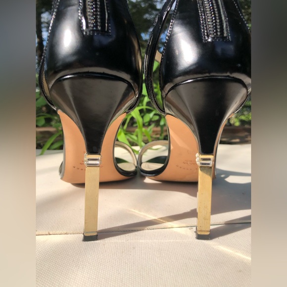 Mia Becar Leather Black Gold Heel back zipper High Heels open toe 38.5 US 8.5 - Picture 11 of 13